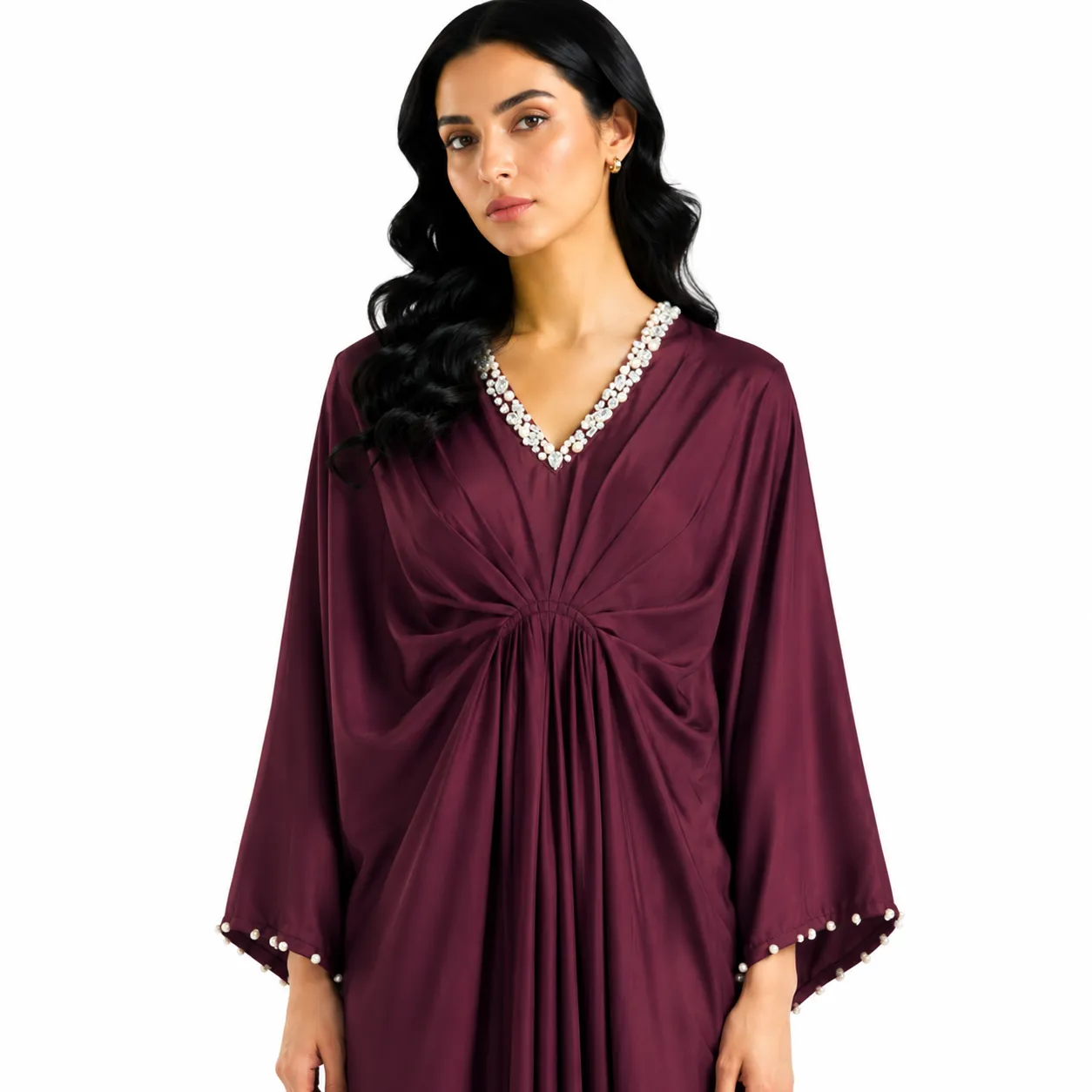 Plum Draped Long Kaftan with Crystal Neckline
